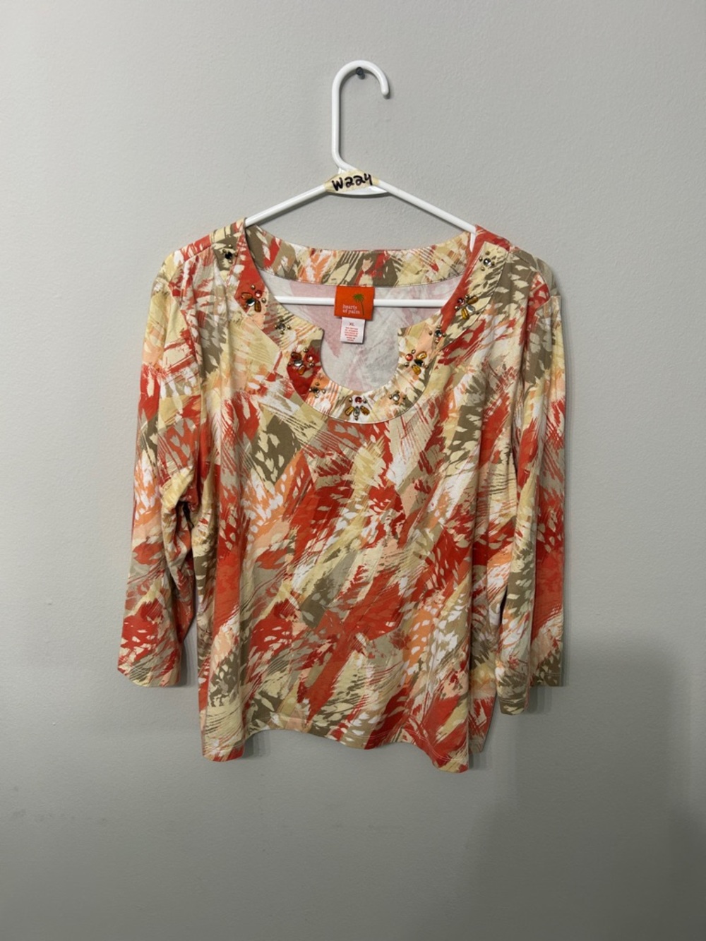 Women’s Hearts of Palm Embellished Top XL Orange Abstract